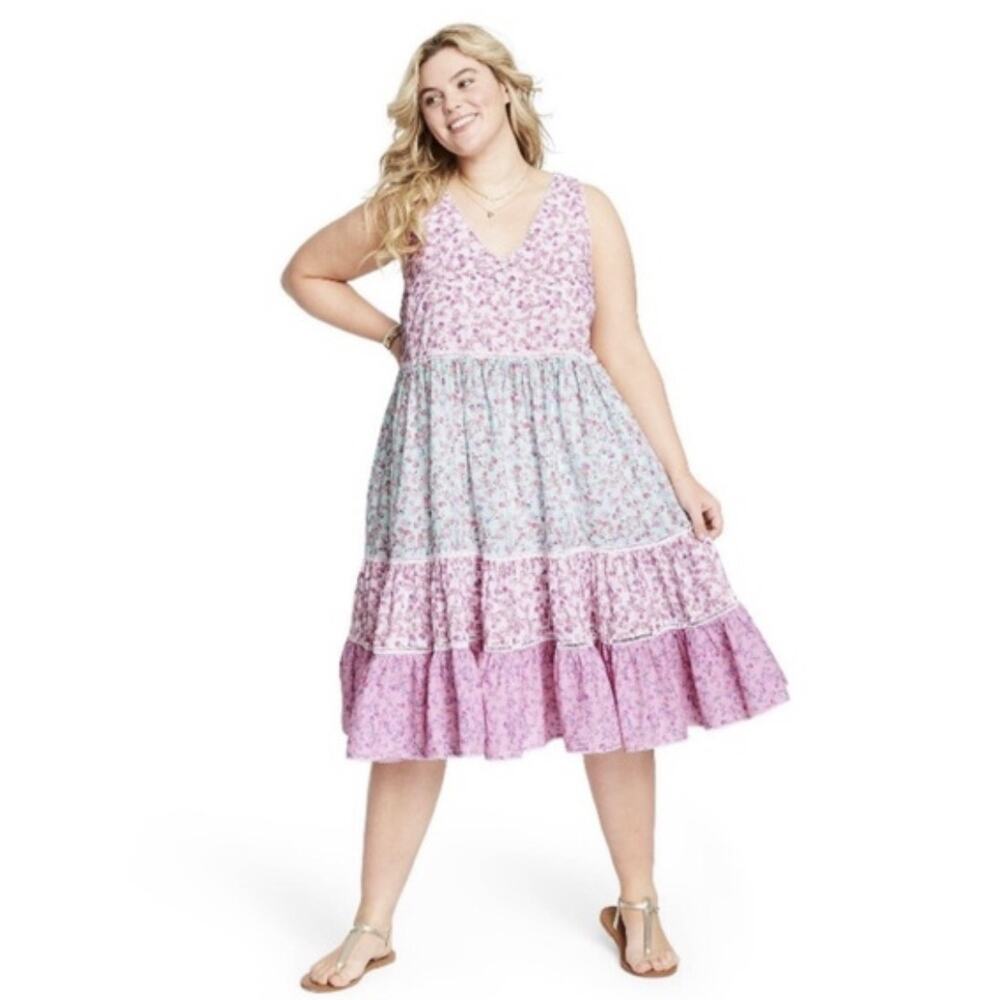 LoveShackFancy Pink Floral Tiered Midi Dress